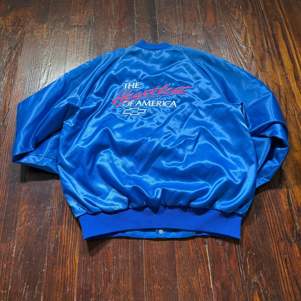 Vintage Chevrolet Satin Jacket Mens M Blue Heartbeat of America Westark USA Made